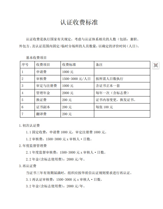 认证收费标准